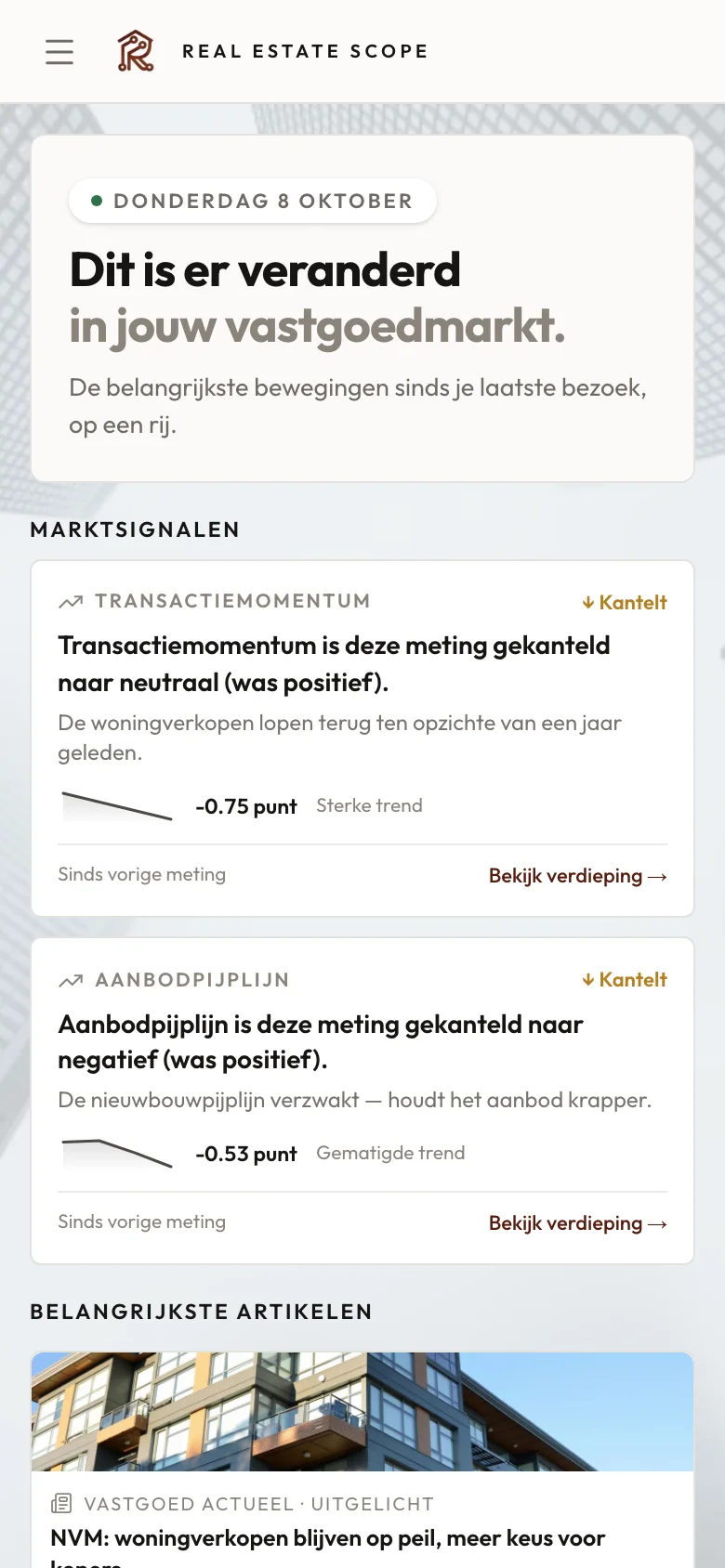 De Real Estate Scope-applicatie op telefoonbreedte